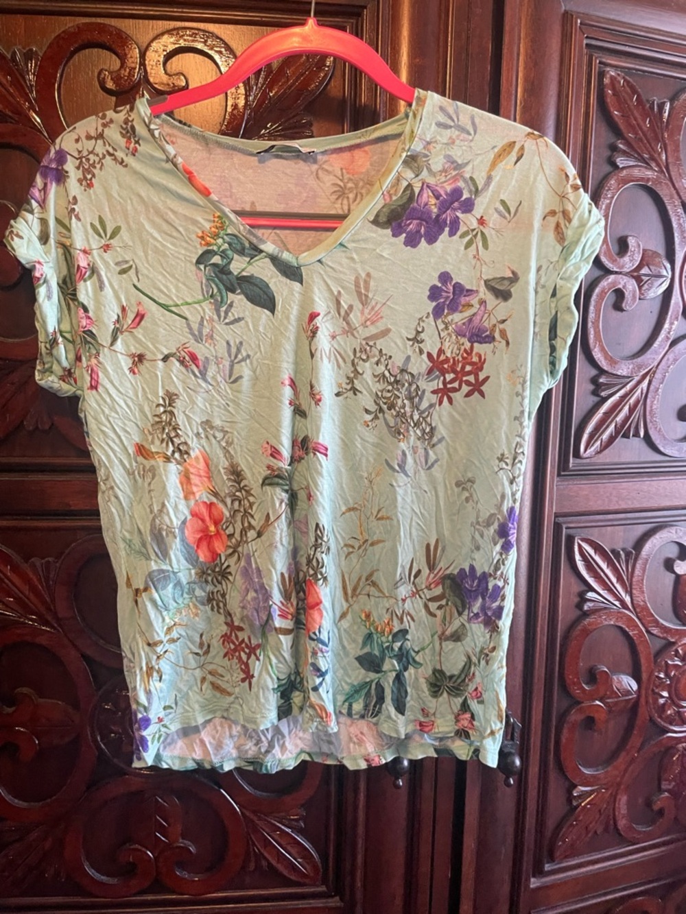 Zara Light Green Floral Short Sleeve Tee with Orange and Purple Blooms